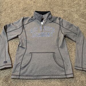 Jansport Airforce Sweatshirt Gray Blue 1/4 Zip Size Large‎ Logo Spellout Women